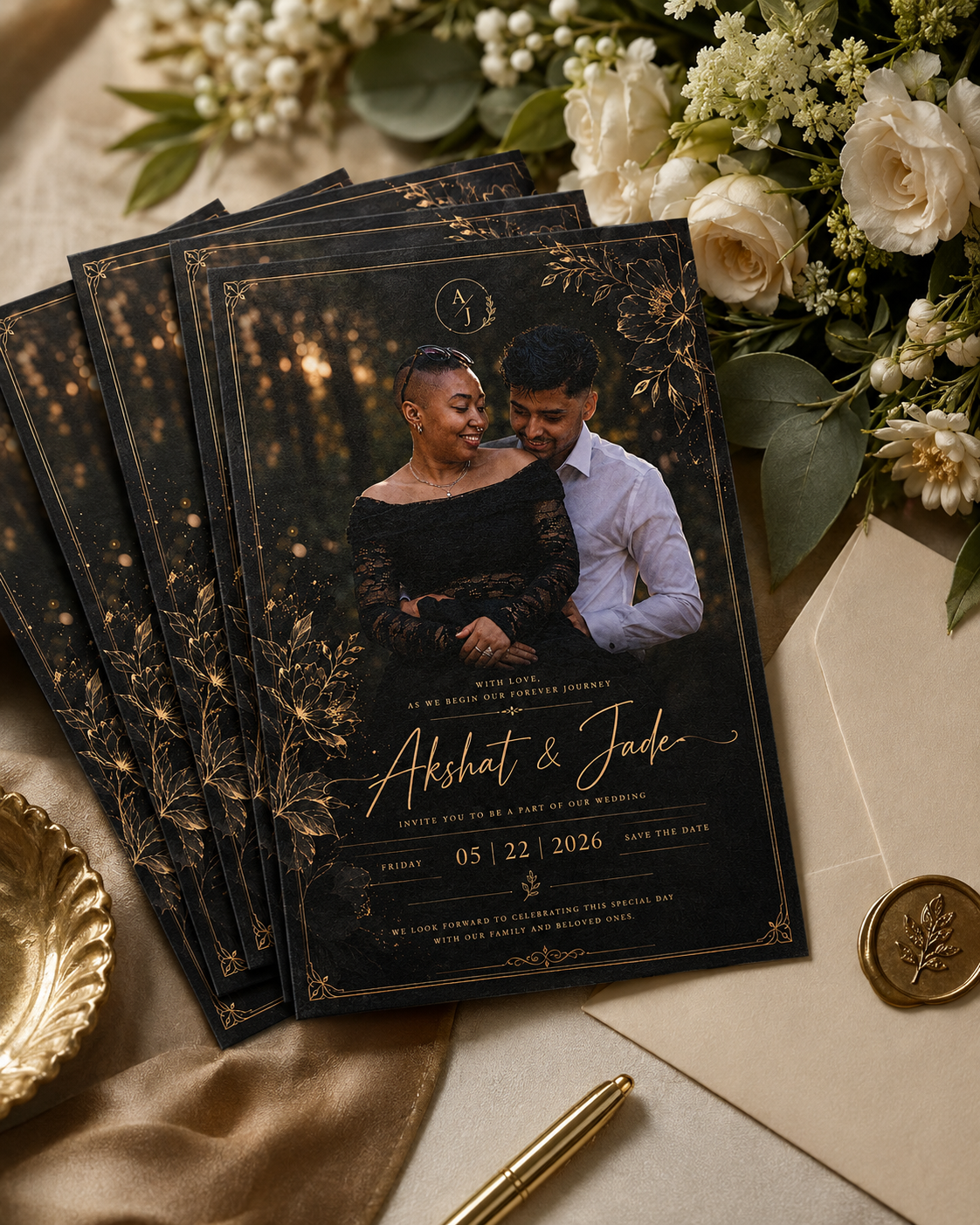 Akshat and Jade's black and gold wedding invitation